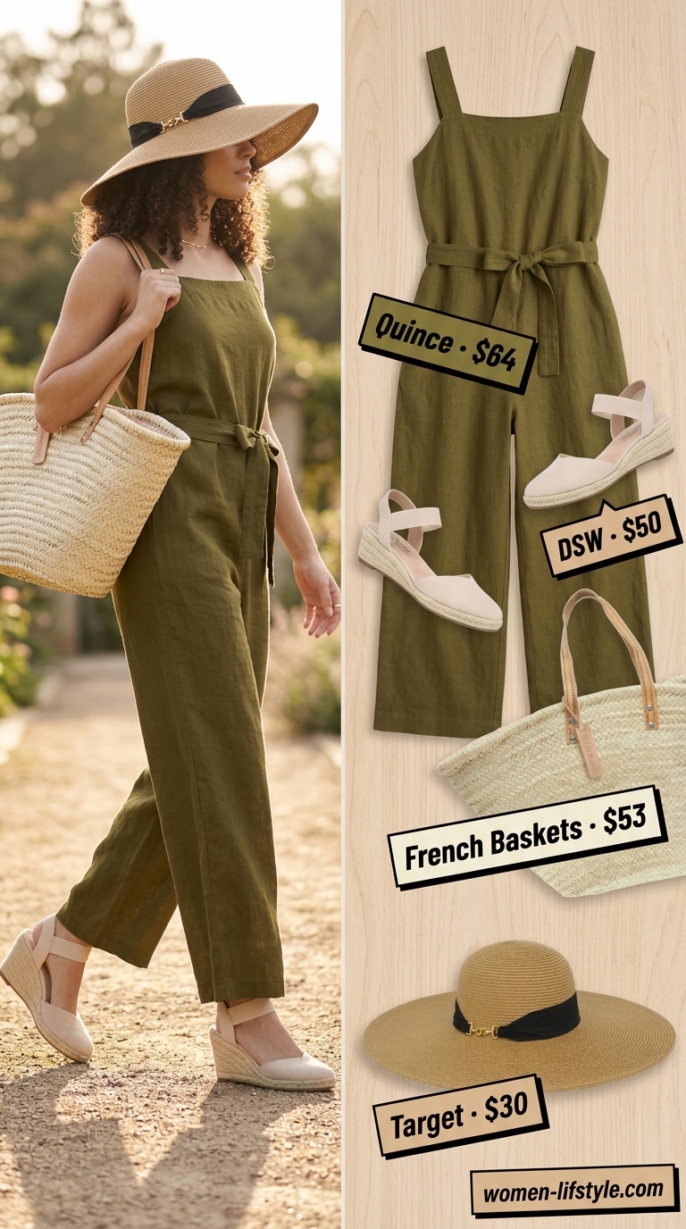 Trendy preppy summer outfits for women 2026: Sage green jumpsuit, straw hat, espadrilles, straw tote for garden party.