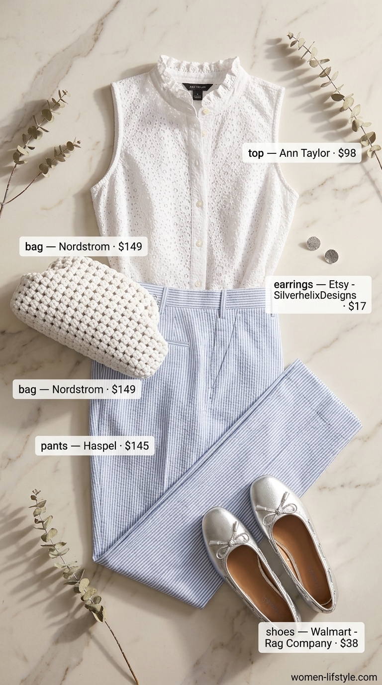 Trendy preppy summer outfits for women 2026: Blue seersucker trousers, white eyelet blouse, silver flats, white clutch for brunch.