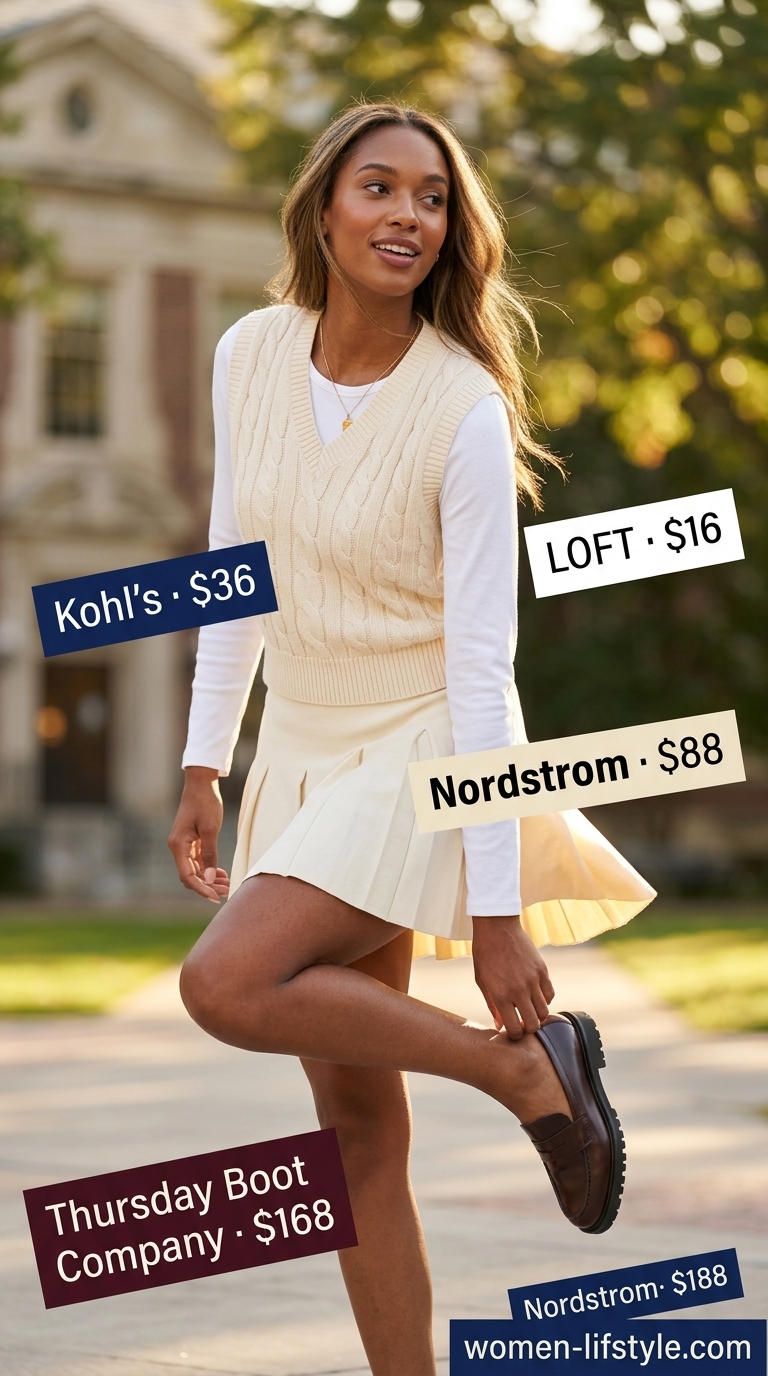 Trendy preppy summer outfits for women 2026: Ecru mini skirt, white long-sleeve top, navy sweater vest, burgundy loafers for campus style.