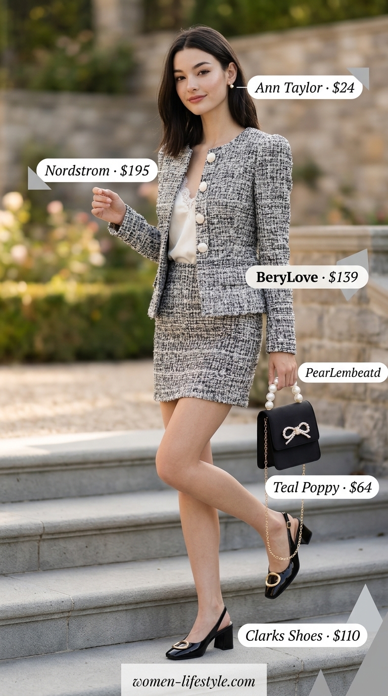 Trendy preppy summer outfits for women 2026: Grey tweed set, black heels, pearl details for high tea.