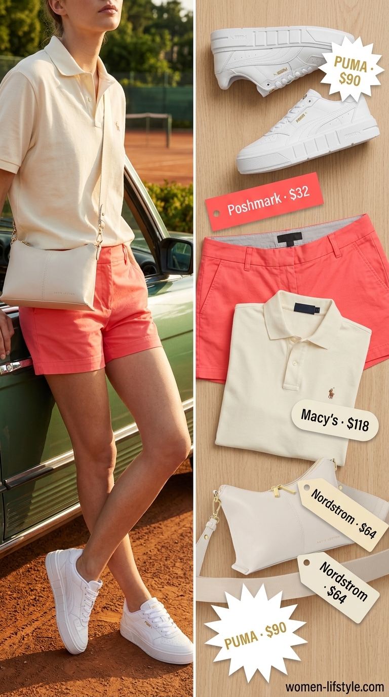 Trendy preppy summer outfits for women 2026: Coral shorts, cream polo, white sneakers for a casual weekend.