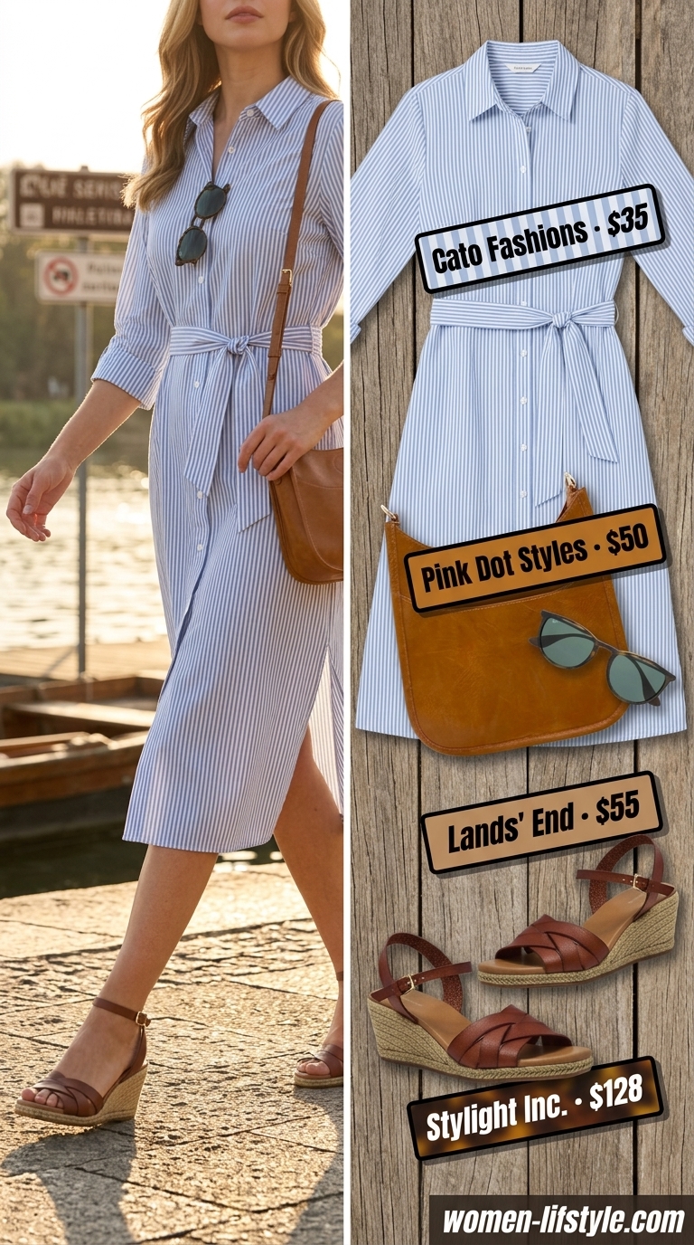 Trendy preppy summer outfits for women 2026: Sky blue shirtdress, espadrille wedges, tortoiseshell sunglasses.