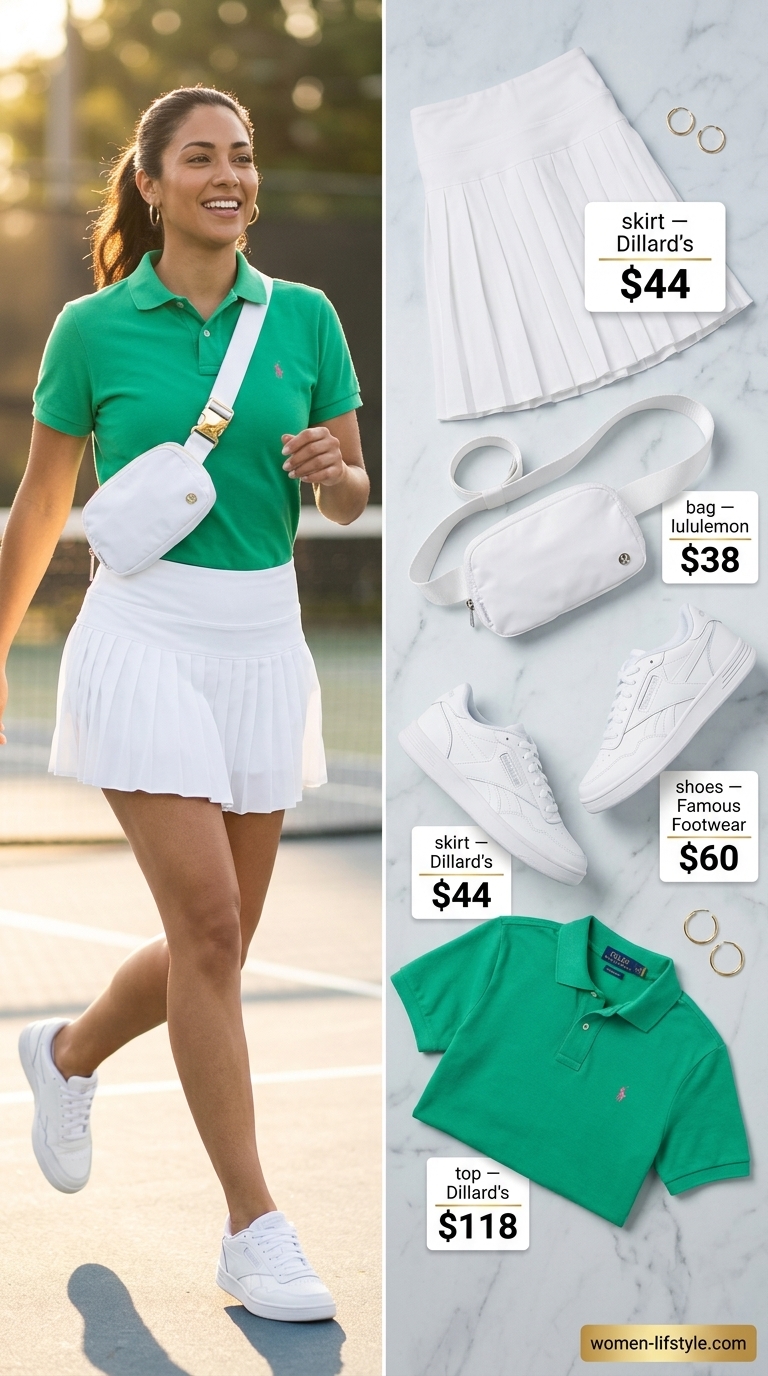 Trendy preppy summer outfits for women 2026: White tennis skirt, green polo, sneakers for a sporty chic look.