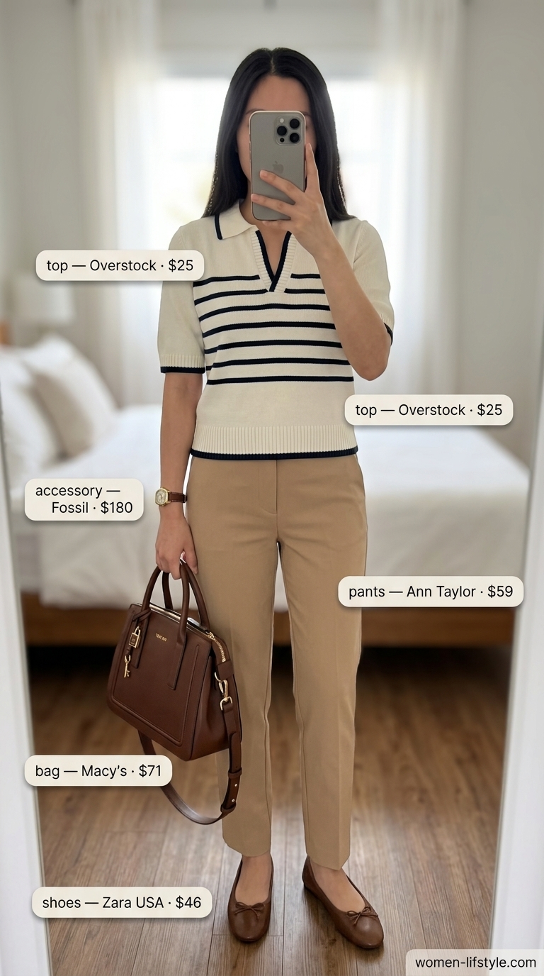 Trendy preppy summer outfits for women 2026: Khaki chino pants, cream striped polo, and brown ballet flats for a smart casual office look.