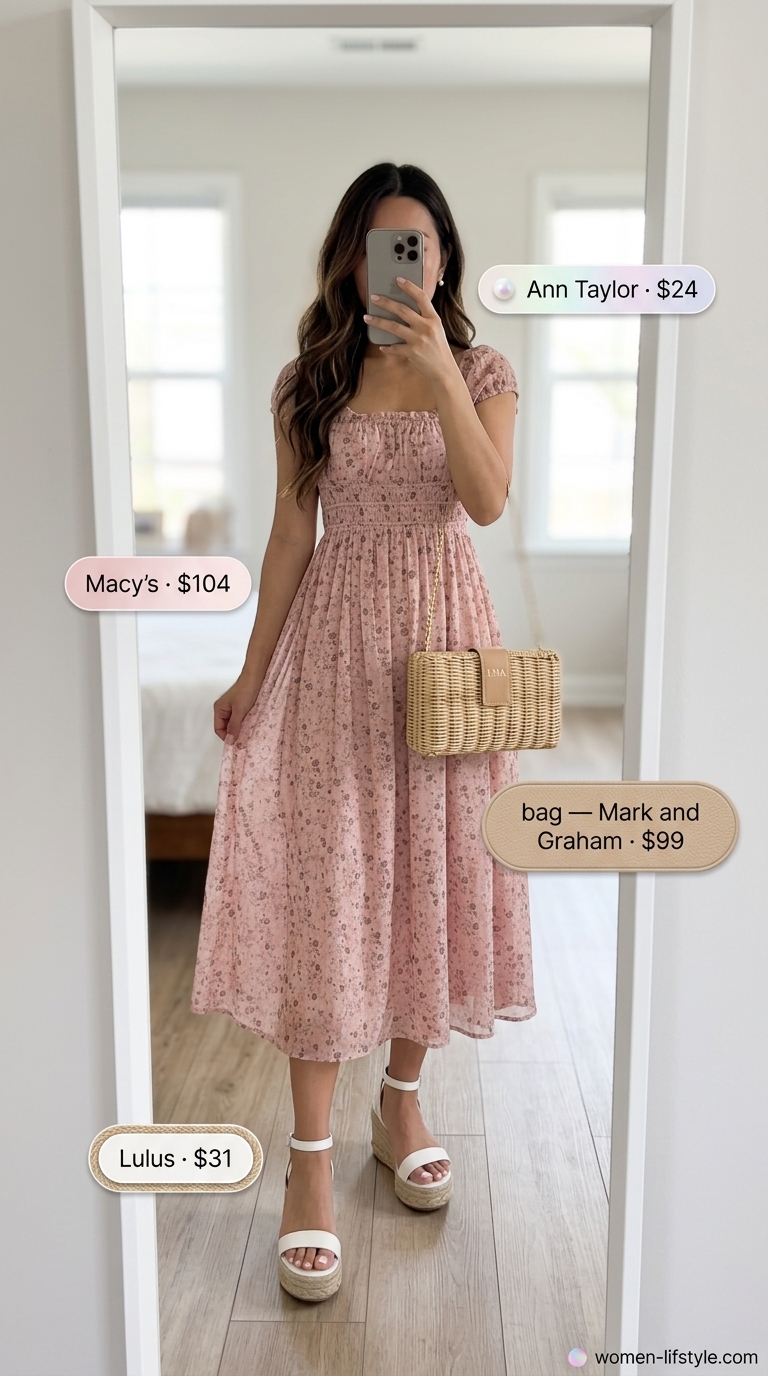 Trendy preppy summer outfits for women 2026: Pink floral midi dress, white espadrilles, and wicker clutch for a garden party.