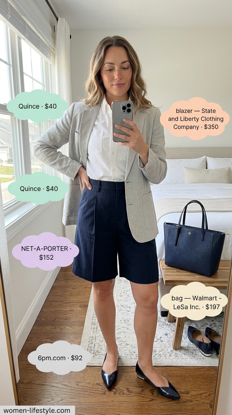 Trendy preppy summer outfits for women 2026: Grey blazer, navy shorts, white shirt for business casual.