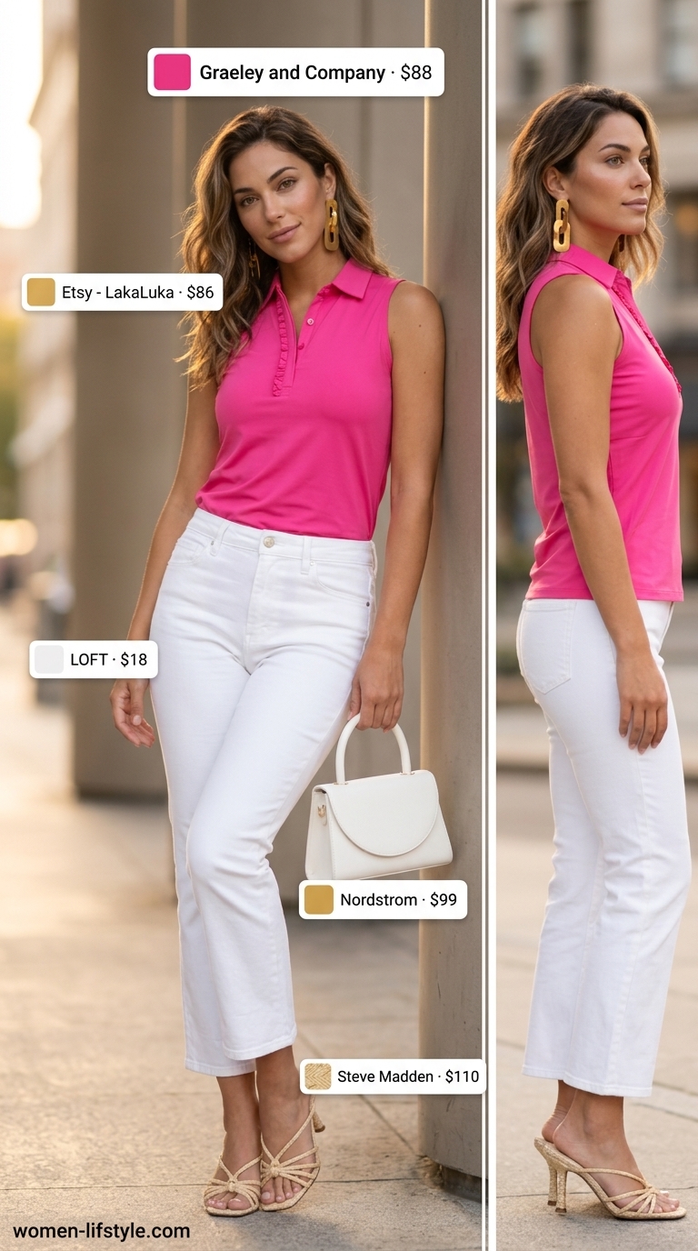 Trendy preppy summer outfits for women 2026: White jeans, fuchsia top, gold earrings, raffia heels for sunset dinner.