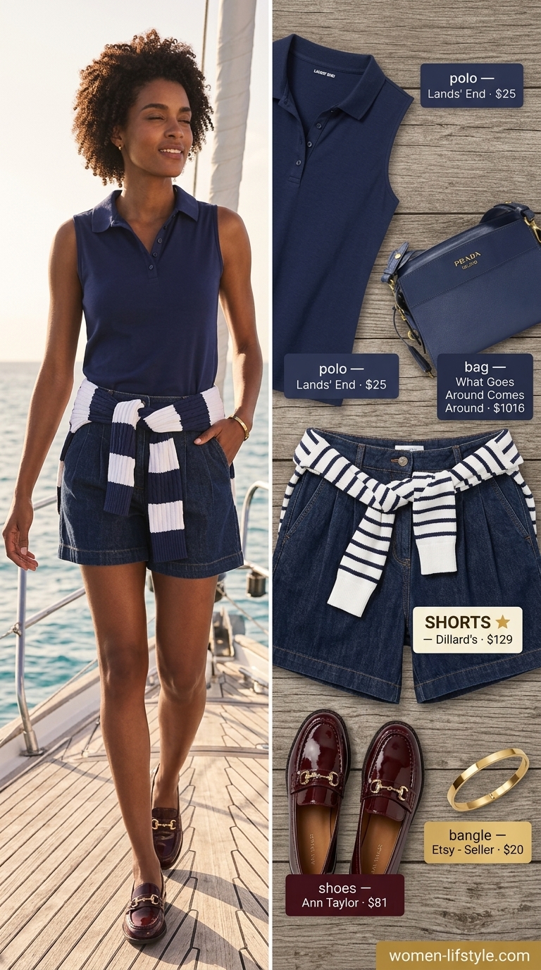 Trendy preppy summer outfits for women 2026: White tailored shorts, navy knit polo, red loafers, and navy crossbody for coastal brunch.