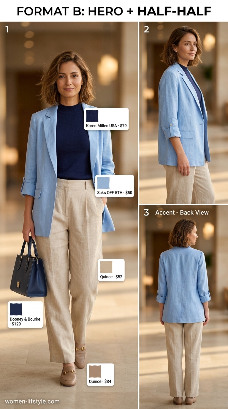 Trendy preppy summer outfits for women 2026: Beige linen trousers, navy knit top, light blue blazer, tan loafers for summer office.