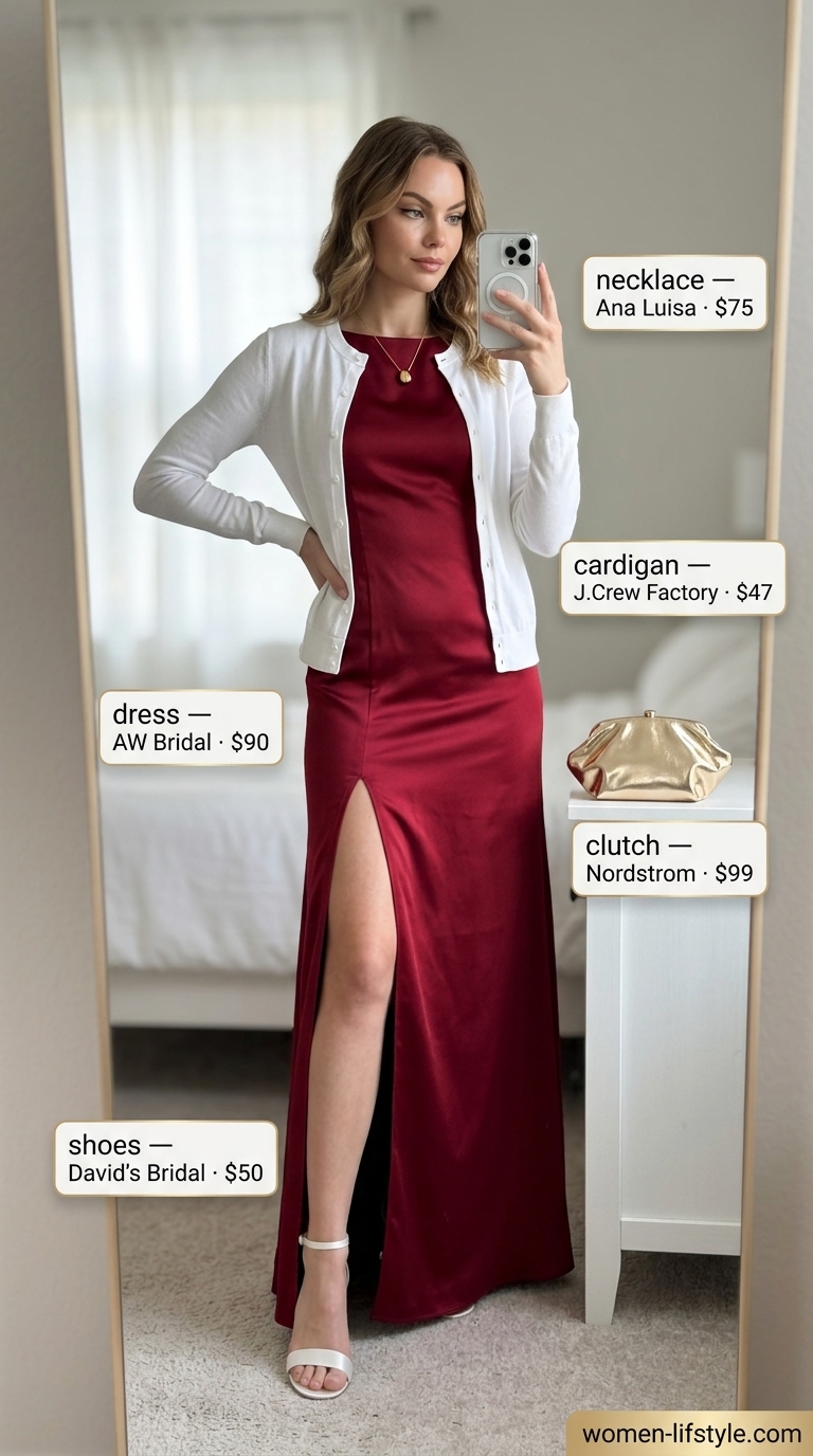 Trendy preppy summer outfits for women 2026: Vibrant red maxi dress, white cardigan, and gold clutch for evening cocktails.