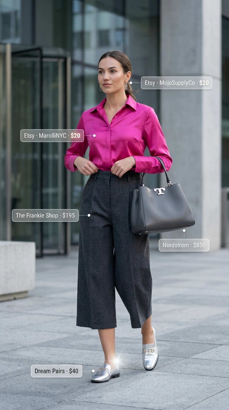 Chic Fuchsia Silk Summer Blouse Office Look 2026 Chic fuchsia silk button-down blouse, a professional yet vibrant option for summer blouses for women 2026. Styled with charcoal tailored culottes, black loafers, and a leather satchel, ideal for an Office Summer Friday.