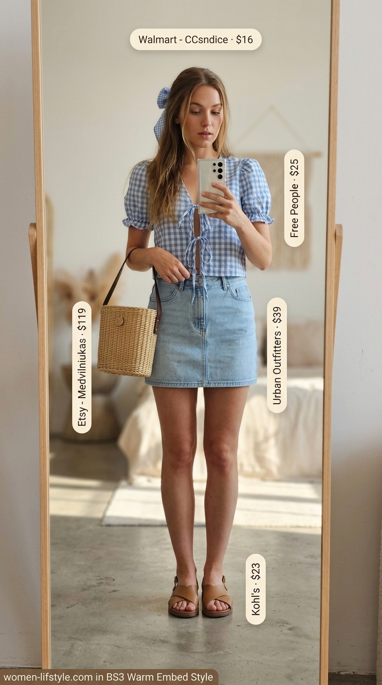 Charming Blue Gingham Summer Blouse Outfit 2026 Charming blue gingham puff-sleeve crop blouse, perfect for summer outfits for women 2026. Paired with a white denim mini skirt, tan flat sandals, and a wicker basket bag, ideal for a picnic.