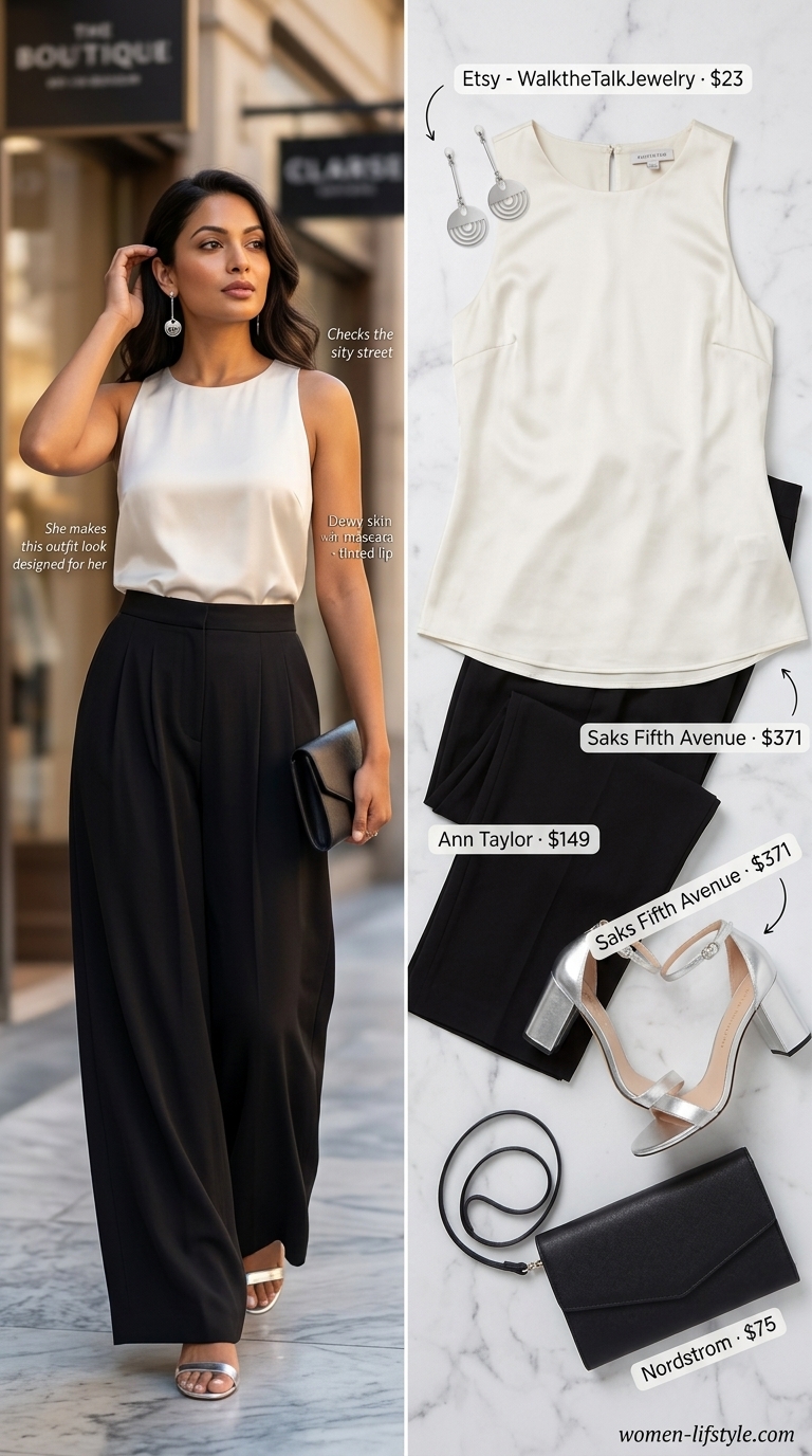 Sleek Evening Summer Blouses for Women 2026 Sleek black silk sleeveless high-neck summer blouse for women 2026 with ecru wide-leg palazzo pants and silver metallic sandals for an evening out.
