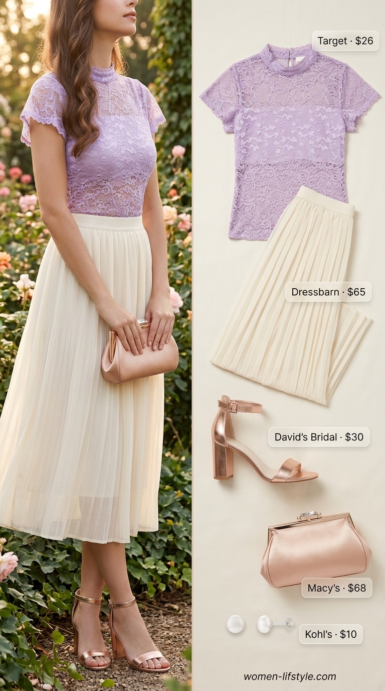Romantic Garden Party Summer Blouses for Women 2026 Rose gold accessories paired with a lavender Guipure lace short-sleeve summer blouse for women 2026 with a high neck and a cream chiffon midi skirt for a romantic garden party.