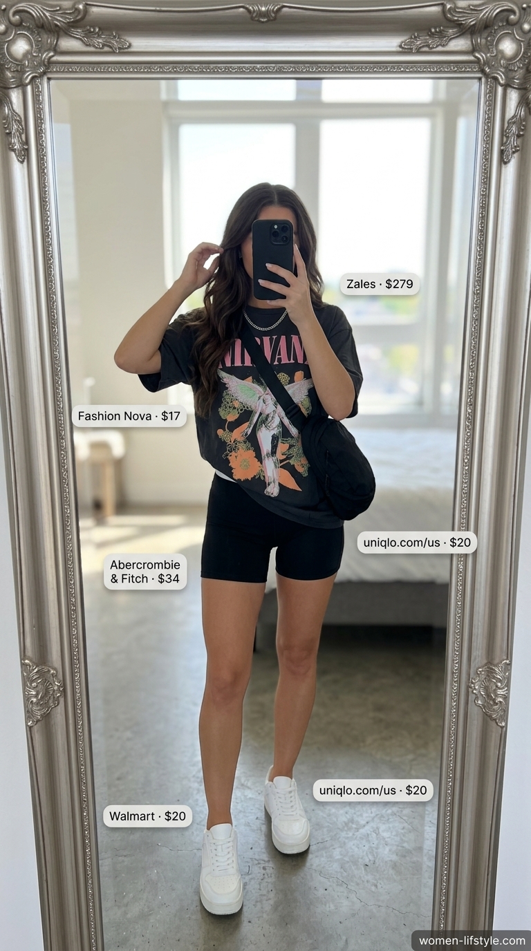 Edgy Casual Summer Styles for Women 2026 Oversized black vintage-style graphic tee, an alternative to traditional summer blouses for women 2026, paired with biker shorts and platform sneakers.