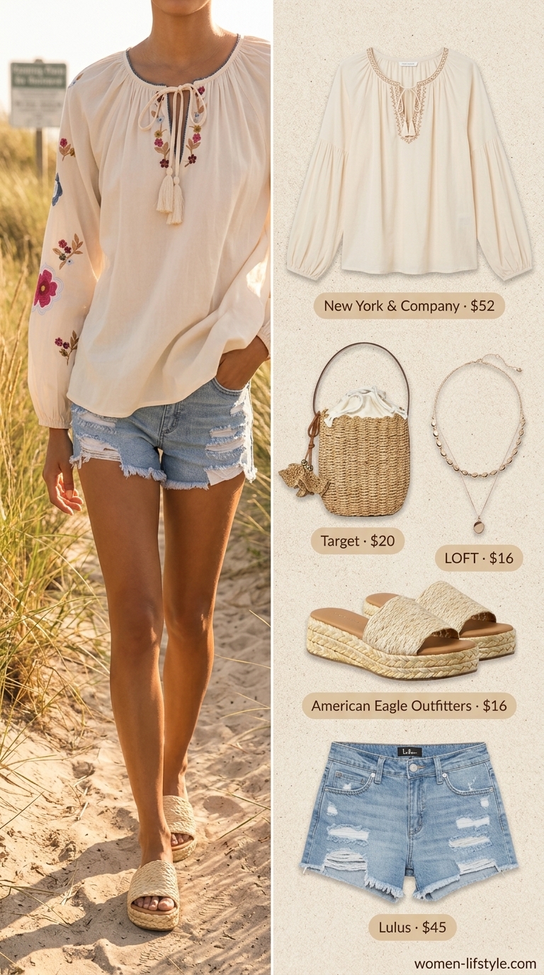 Boho Beach Summer Blouses for Women 2026 Flowy cream cotton voile embroidered peasant summer blouse for women 2026 with wide sleeves and tie-neck, paired with distressed denim cutoff shorts for a boho beach sunset.