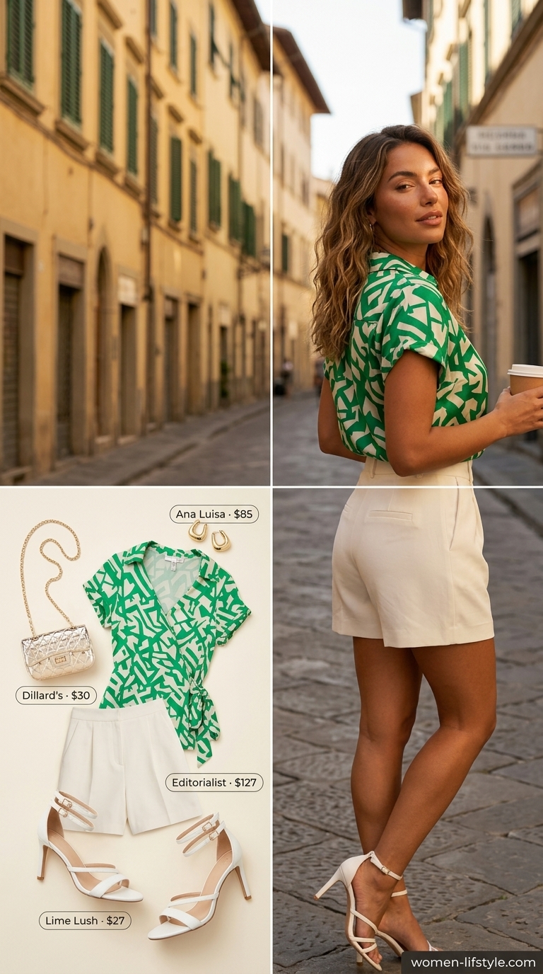 Riviera Glam Emerald Green Summer Blouse 2026 Glamorous emerald green satin wrap blouse with an abstract print, a stunning option for summer blouses for women 2026. Styled with crisp white pleated shorts, gold strappy heels, and chunky gold hoops for Riviera glam.