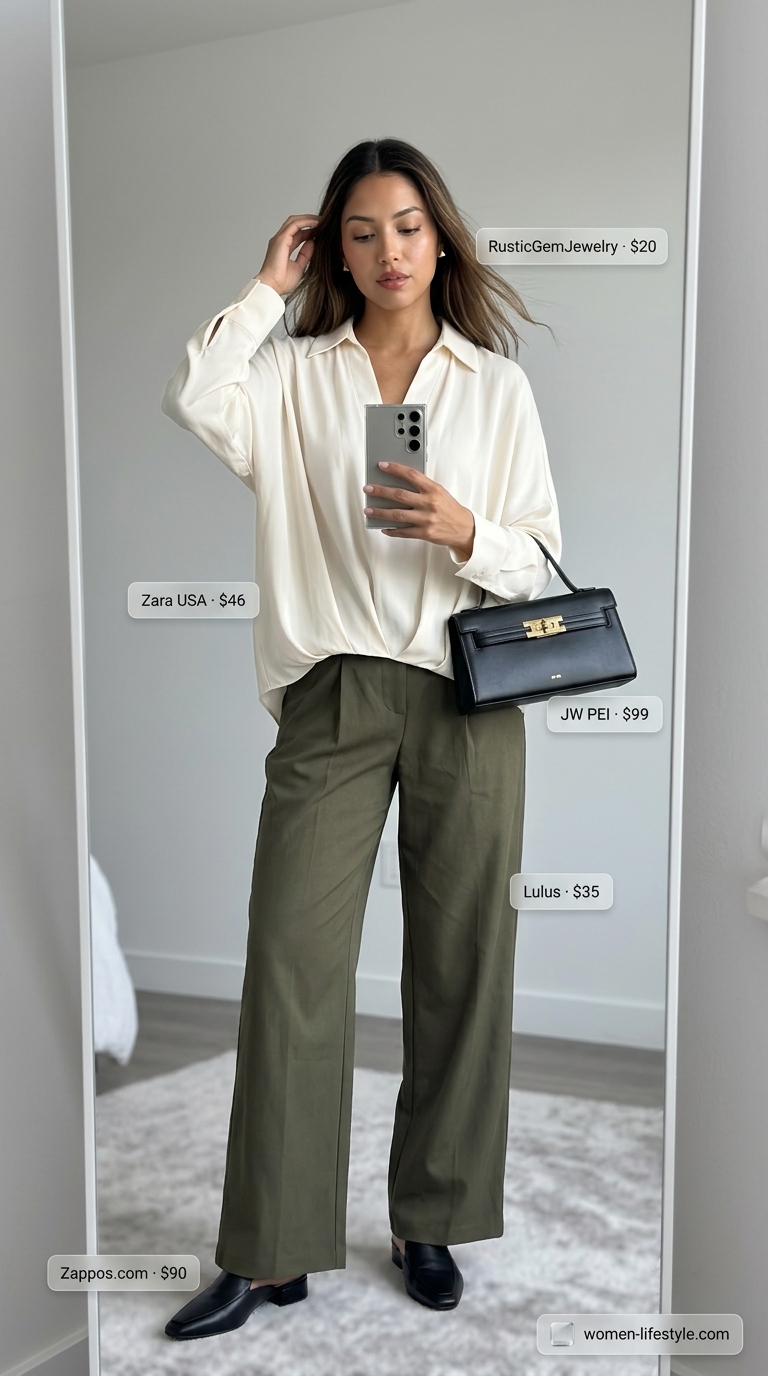 Modern Cream Drapey Summer Blouse Outfit 2026 Sophisticated cream sculptural drapey blouse, a stylish choice for summer blouses for women 2026. This modern ensemble features olive green wide-leg trousers, black mules, and a structured black bag, great for a gallery visit.