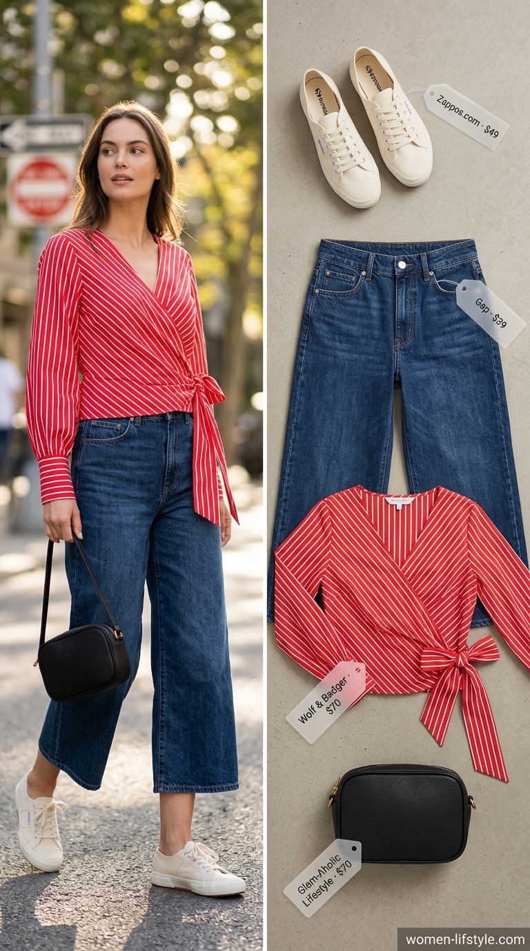 Weekend Chic Summer Blouses for Women 2026 Blue and white striped cotton poplin summer blouse for women 2026 tied at the waist with high-waisted denim culottes for weekend casual.