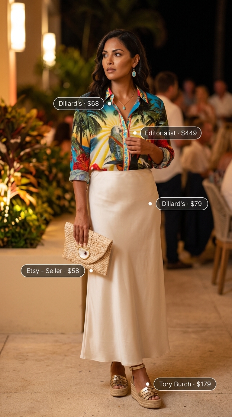 Tropical Print Summer Blouse Resort Evening 2026 Glamorous emerald green tropical leaf print silk blend blouse, a vibrant choice for summer blouses for women 2026. Styled with an ivory satin maxi skirt, gold espadrille wedges, and statement drop earrings for a tropical resort evening.