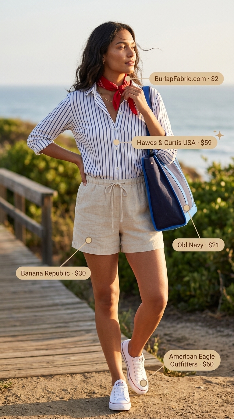 Casual Coastal Summer Blouses for Women 2026 Relaxed fit navy and white striped button-down summer blouse for women 2026 paired with beige linen shorts for a casual coastal getaway.