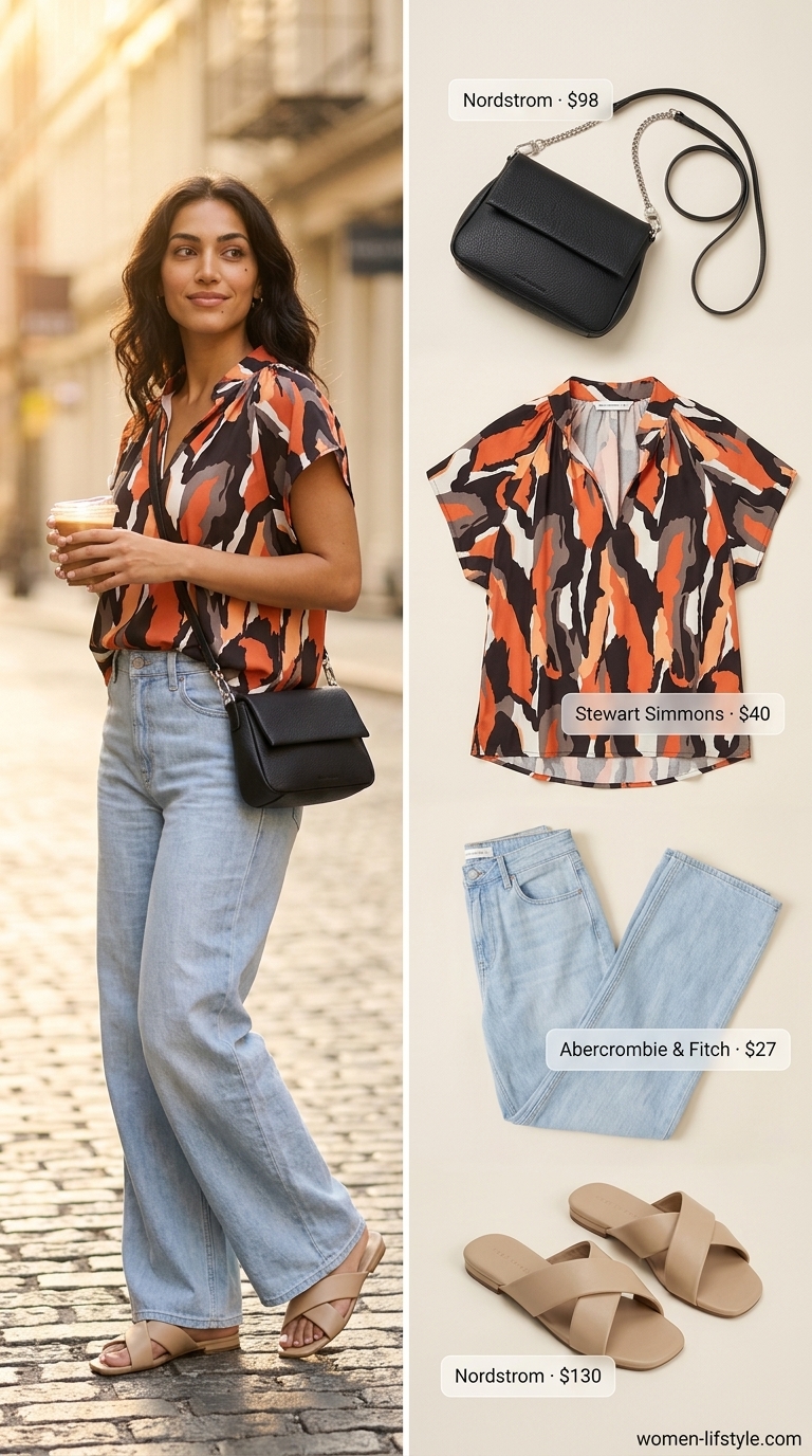 Abstract Print Summer Blouse City Wanderer 2026 Artistic cream blouse with black and terracotta abstract print, a modern and comfortable piece for summer blouses for women 2026. Paired with ecru wide-leg jeans, black slide sandals, and a structured crossbody bag for city wandering.