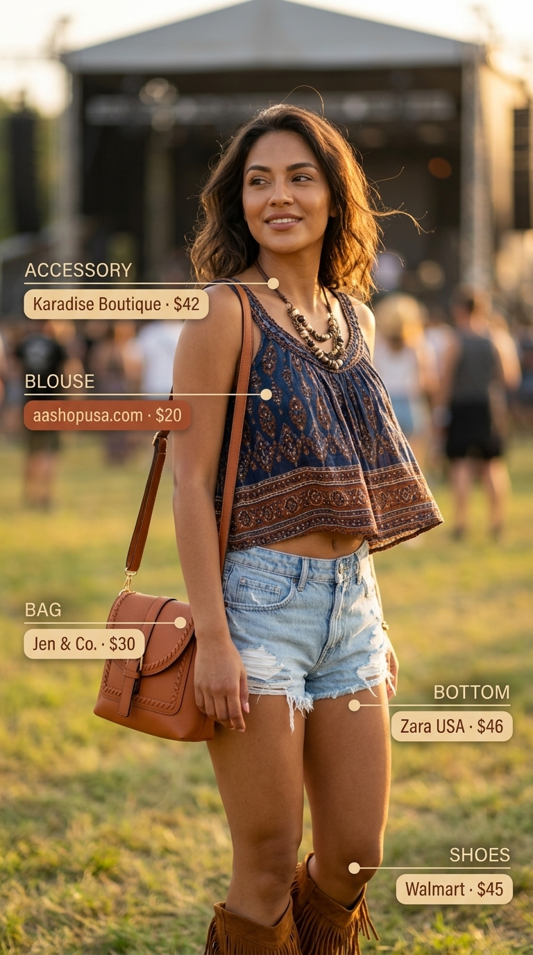 Boho Tie-Dye Summer Blouse Festival Outfit 2026 Free-spirited indigo tie-dye tunic blouse, a quintessential bohemian piece for summer blouses for women 2026. Worn with distressed denim shorts, suede fringe ankle boots, and a rust embroidered saddle bag, perfect for a festival.