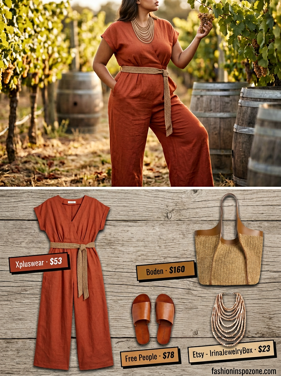 Cute summer linen jumpsuit for women 2026 in terracotta orange, perfect for vineyard tours & casual day trips.