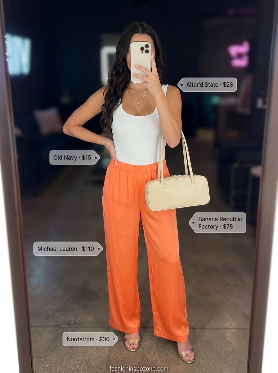 Chic sunset orange wide leg pants with white bodysuit for summer going out to a club outfits for women 2026.