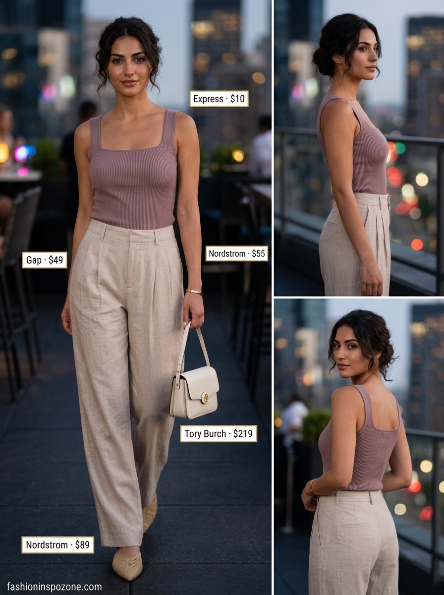 Sophisticated beige wide leg pants with cream knit top for summer going out to a club outfits for women 2026.