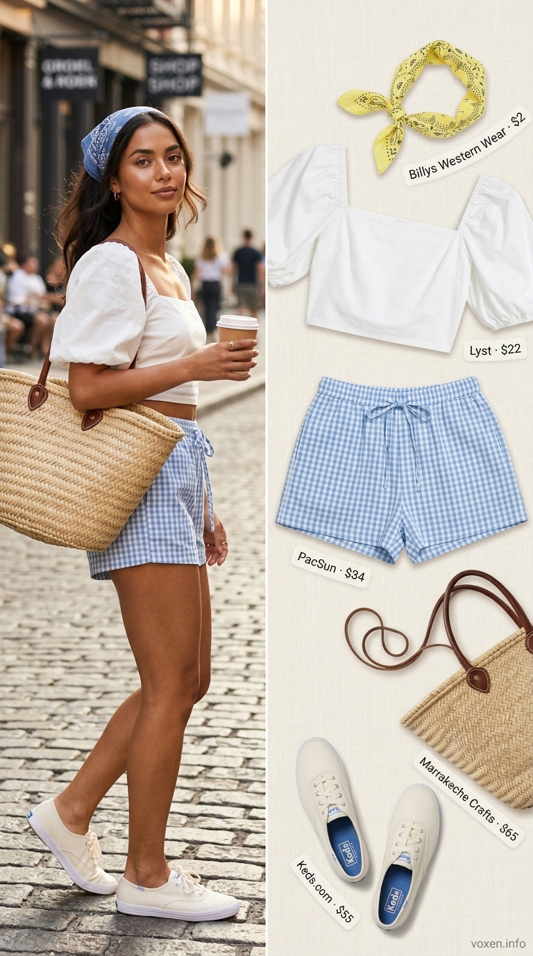 Playful gingham picnic outfit featuring blue and white gingham mini shorts, a white puff-sleeve crop top, canvas sneakers, and a woven market tote. Sweet short outfits for women summer 2026.