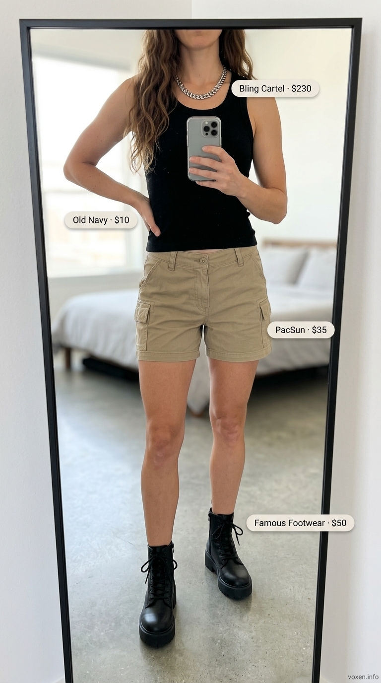 An edgy urban explorer outfit with khaki cargo mini shorts, a black racerback tank, and chunky combat boots, a stylish option for short outfits for women summer 2026.