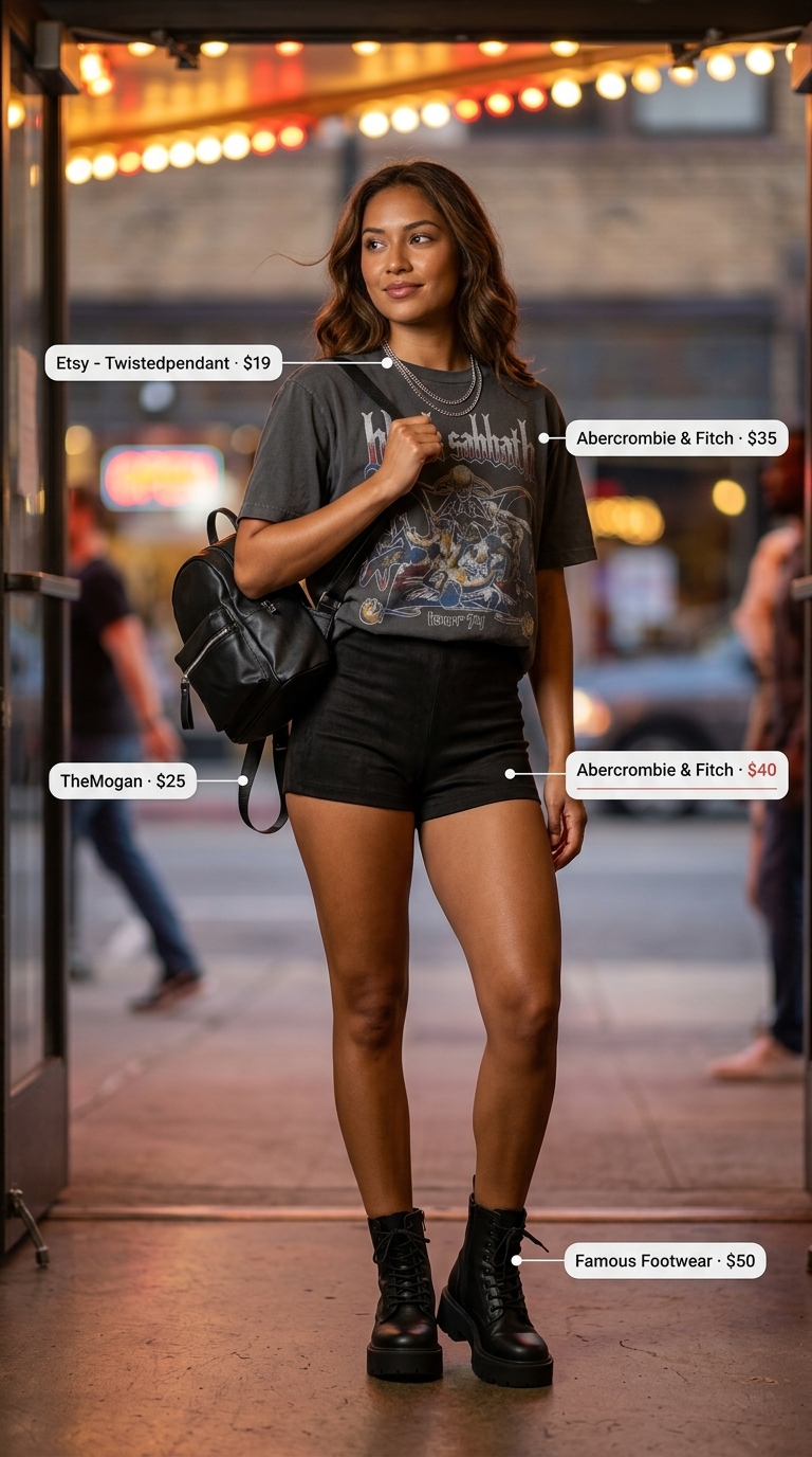 Edgy downtown short outfit for women summer 2026 with black faux leather shorts, a graphic tee, combat boots, and silver chain necklace.