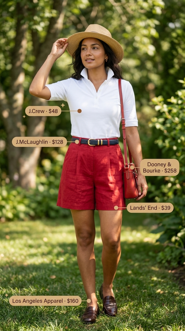 Preppy lakeside retreat outfit with crisp white linen A-line mini shorts, a navy and white striped polo, navy penny loafers, and a red crossbody bag. Stylish short outfits for women summer 2026.