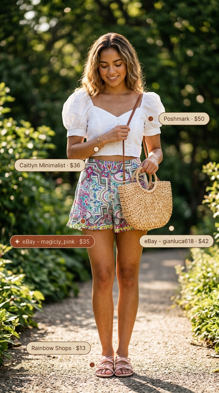 A playful picnic perfection outfit with pale pink floral print mini shorts, a white eyelet crop top, and flat slide sandals, a charming choice for short outfits for women summer 2026.