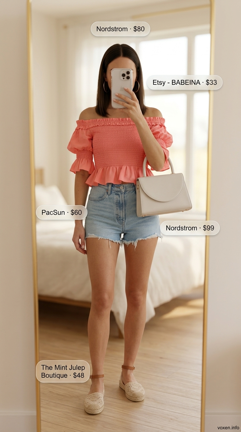 A retro poolside glam outfit featuring light wash denim mini shorts, a coral pink off-shoulder smocked crop top, and espadrille sandals, a chic option for short outfits for women summer 2026.