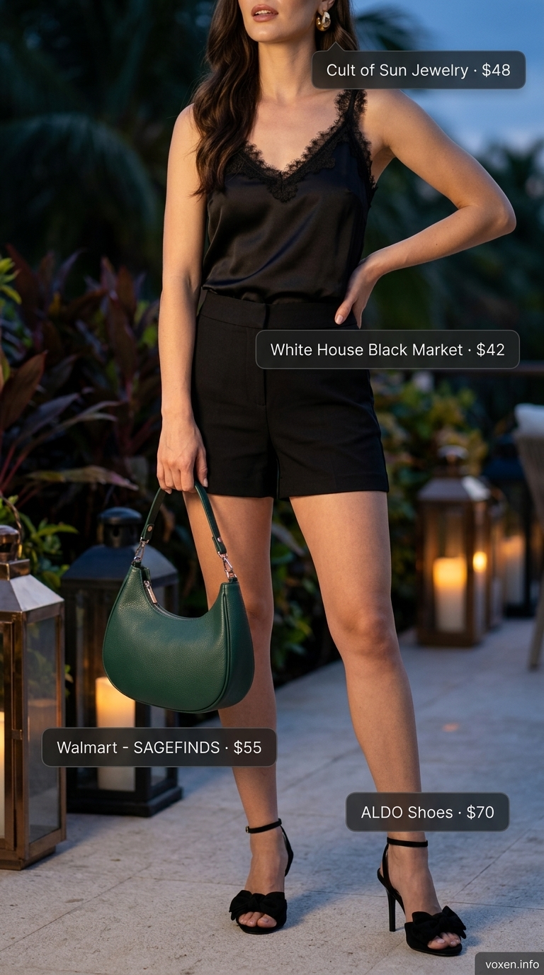 A resort glamour outfit featuring emerald green tropical print flowy mini shorts, a black lace-trim camisole, and strappy stiletto sandals, perfect for short outfits for women summer 2026.