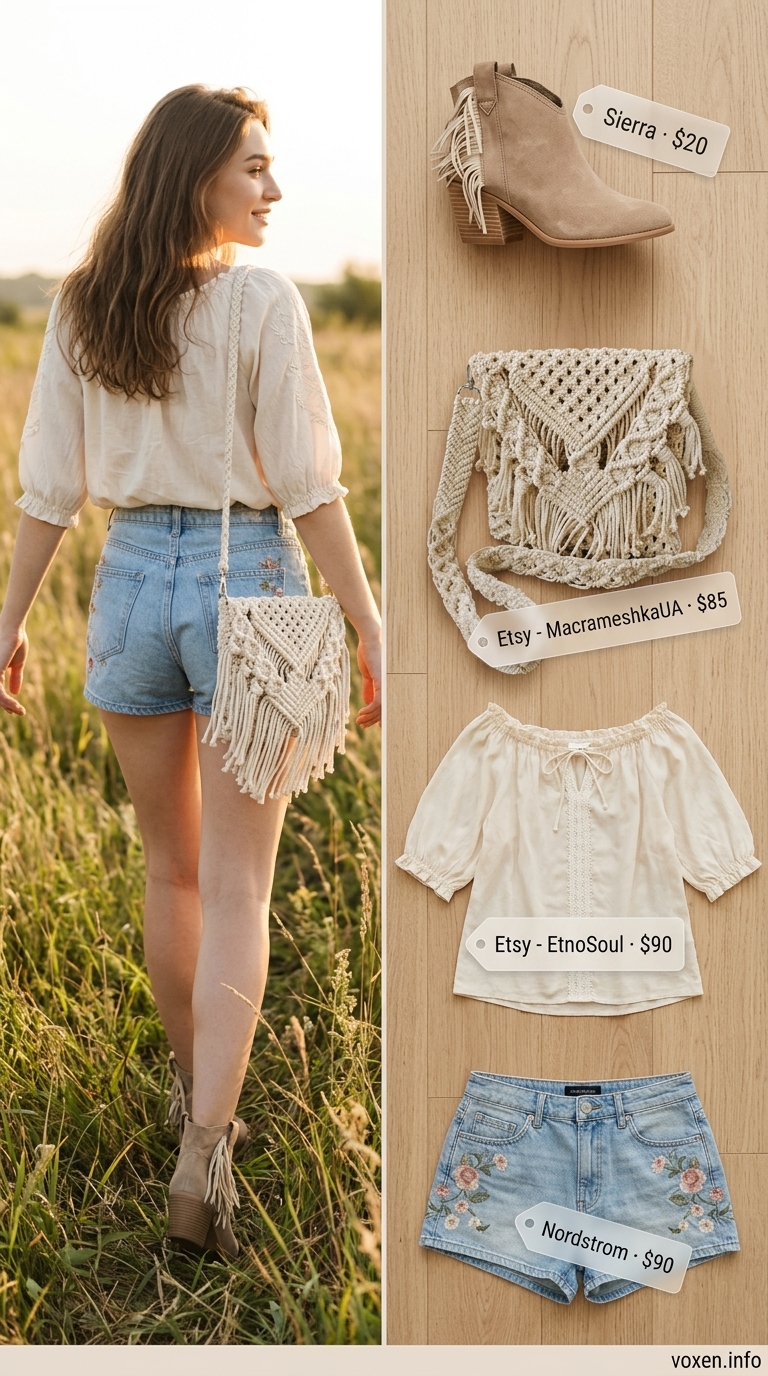 Boho festival wanderer outfit with light wash denim mini shorts, a cream off-the-shoulder peasant blouse, suede fringe ankle boots, and a macrame crossbody bag. Earthy short outfits for women summer 2026.