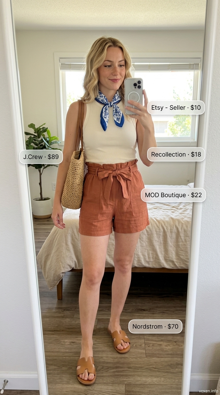 Effortless French Riviera short outfit for women summer 2026 featuring terracotta linen paperbag shorts, a cream tank, and straw tote.