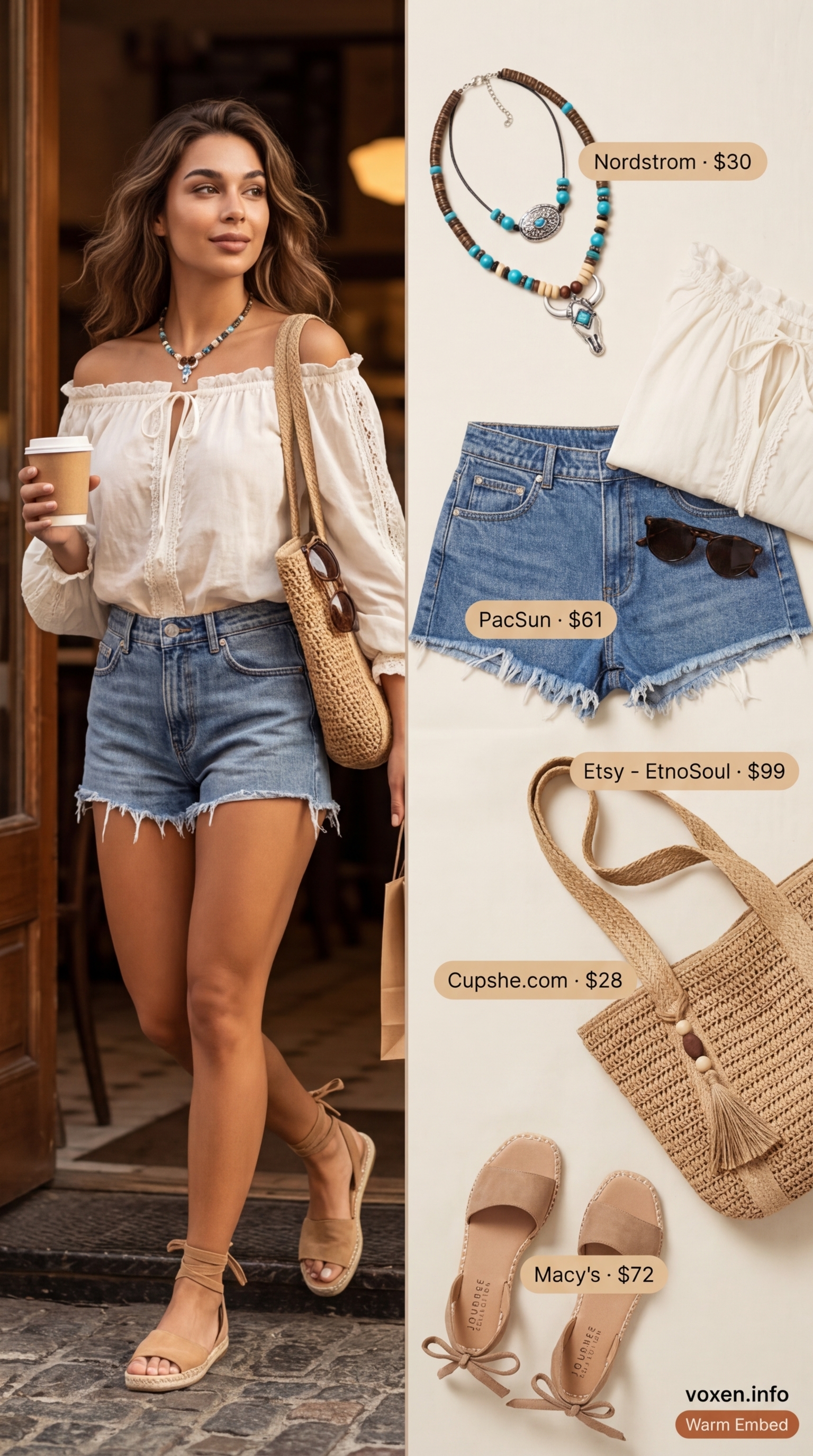 Boho beach day short outfit for women summer 2026 with distressed denim shorts, a cream off-the-shoulder blouse, and jute sandals.