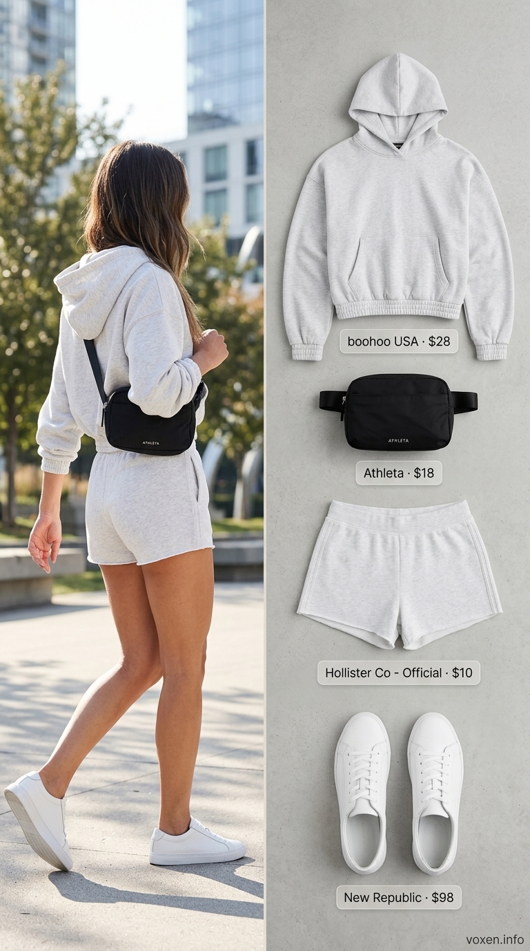 Sporty chic outfit featuring light grey athletic mini shorts, an off-white cropped hoodie, white sneakers, and a black belt bag for a casual brunch. Great short outfits for women summer 2026.
