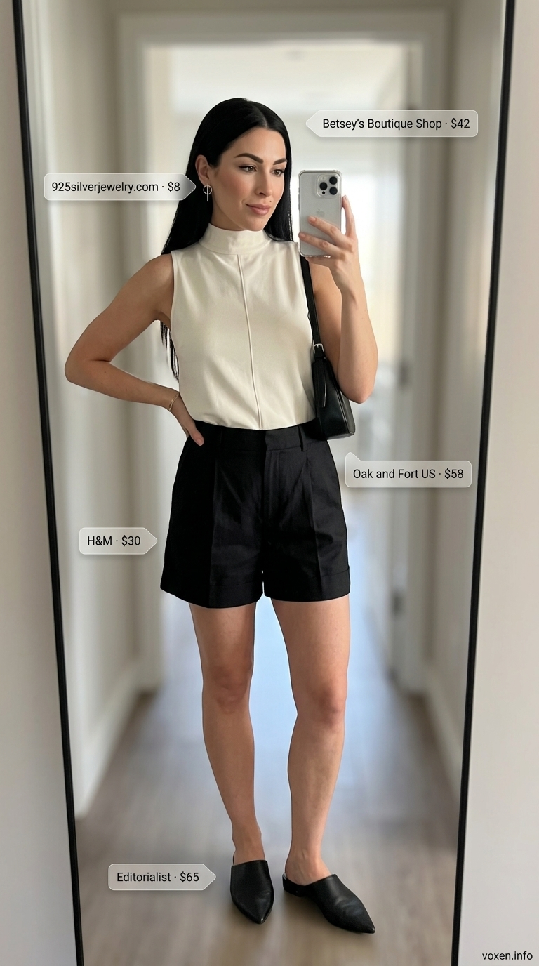 A minimalist museum visit outfit with black tailored mini shorts, an ivory mock neck knit top, and pointed-toe flat mules, a sophisticated option for short outfits for women summer 2026.