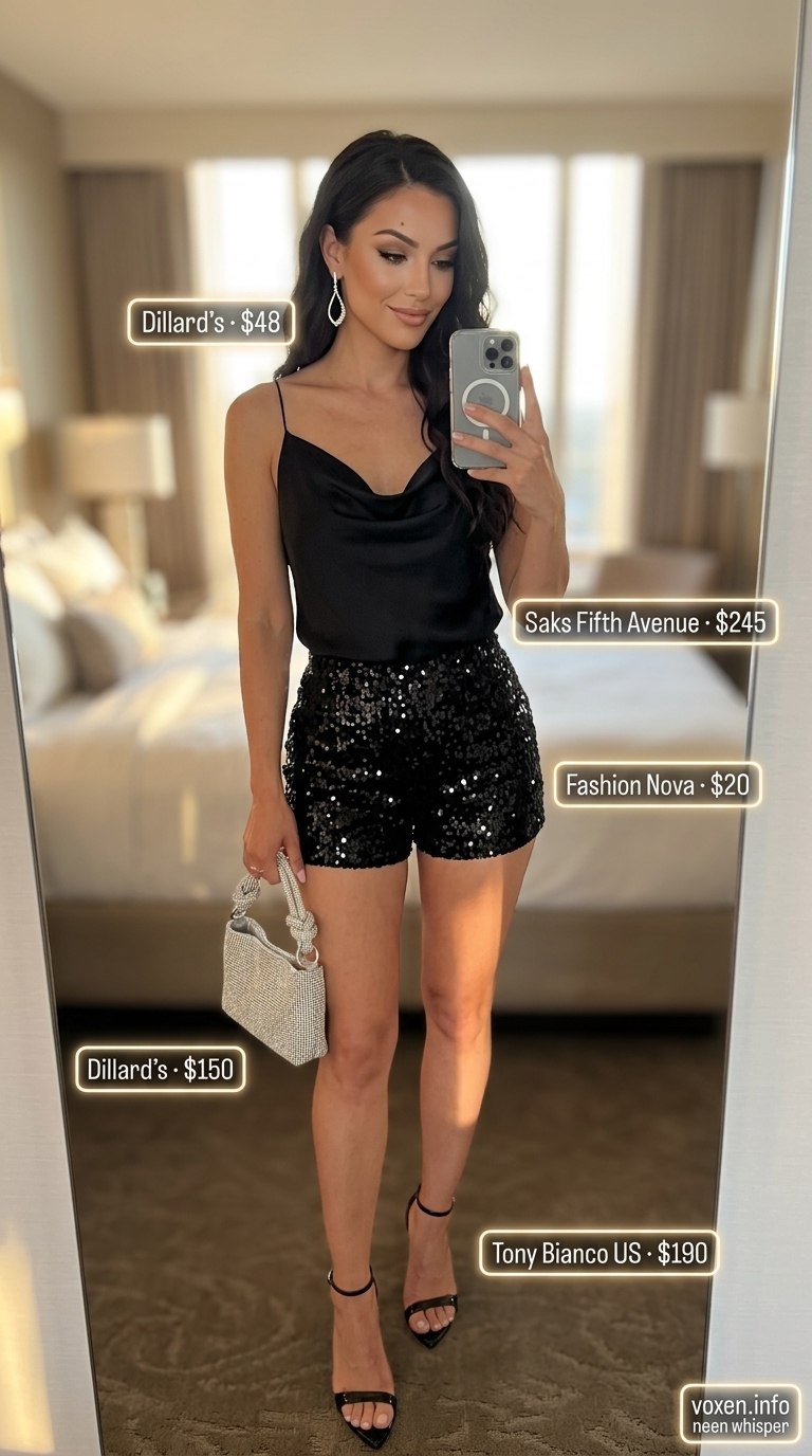A glamorous evening out ensemble featuring black sequined mini shorts, a black satin camisole, and strappy stiletto heels, ideal for short outfits for women summer 2026.