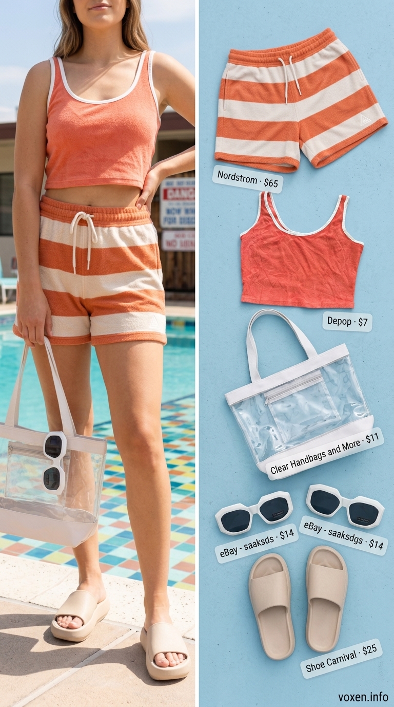 Playful retro glam poolside outfit featuring coral and white striped terry cloth mini shorts, a matching crop top, white platform slides, and oversized sunglasses. Fun short outfits for women summer 2026.
