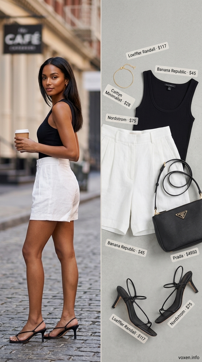 Chic black linen tailored mini shorts paired with a white ribbed tank top, black flat sandals, and a structured black shoulder bag for a sophisticated resort getaway. Perfect short outfits for women summer 2026.