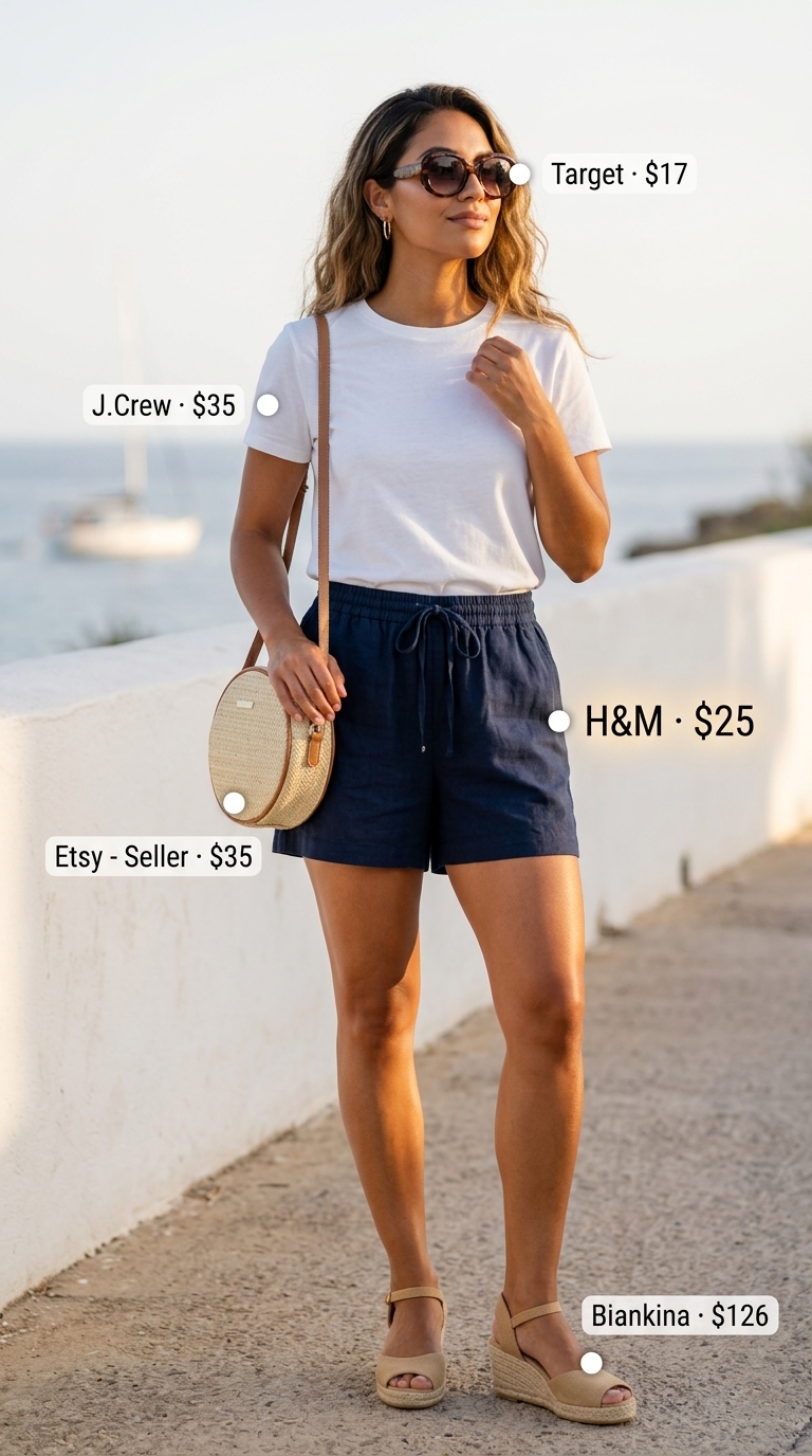 Effortless French Riviera outfit with navy and white striped linen mini shorts, a white fitted t-shirt, wedge espadrilles, and a circular straw crossbody bag. Perfect short outfits for women summer 2026.