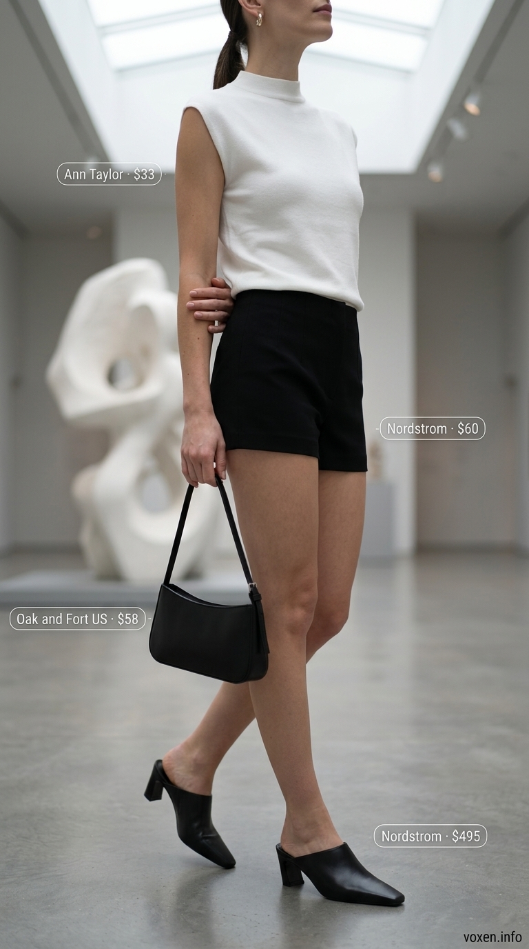 Modern minimalist outfit with black tailored crepe mini shorts, a white mock-neck top, black heeled mules, and a structured black shoulder bag. Chic short outfits for women summer 2026.