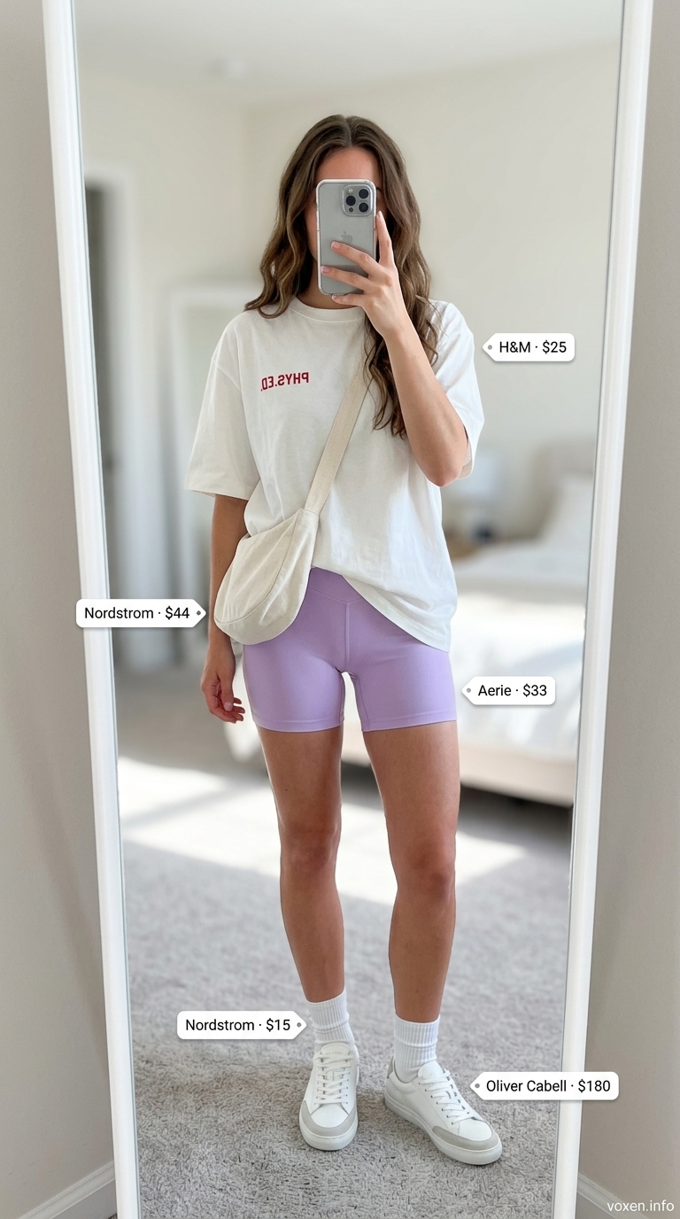 A sporty and sweet athleisure outfit with lavender biker shorts, an oversized graphic t-shirt, and white sneakers, a comfortable option for short outfits for women summer 2026.