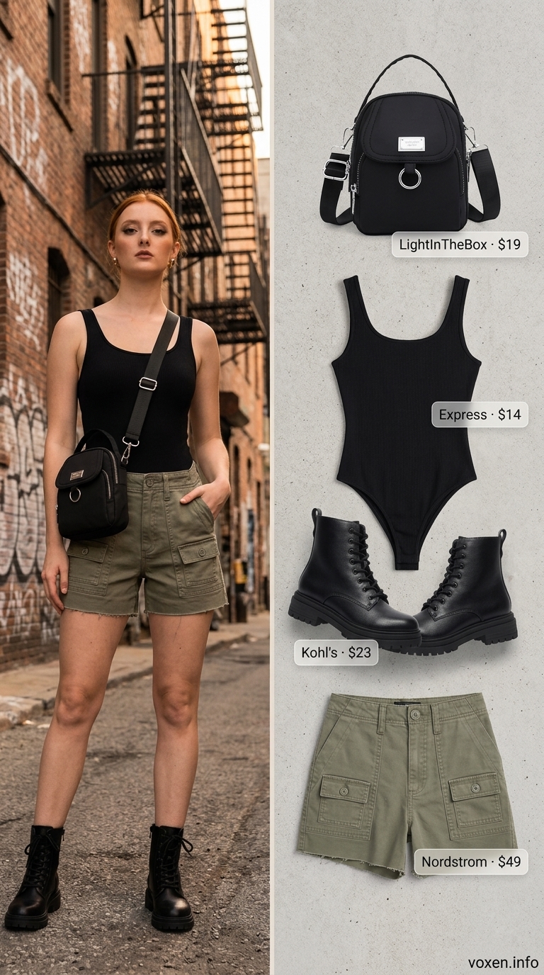 Modern urban safari short outfit for women summer 2026 with olive cargo shorts, a black bodysuit, combat boots, and crossbody bag.