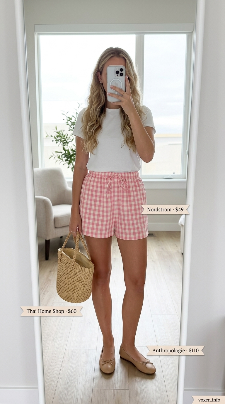 Charming summer picnic short outfit for women summer 2026 featuring pink gingham shorts, a white puff-sleeve top, and ballet flats.